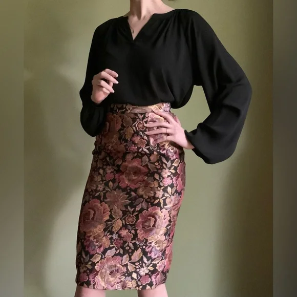 Floral Tapestry Pencil Skirt, Metallic Hobble Skirt